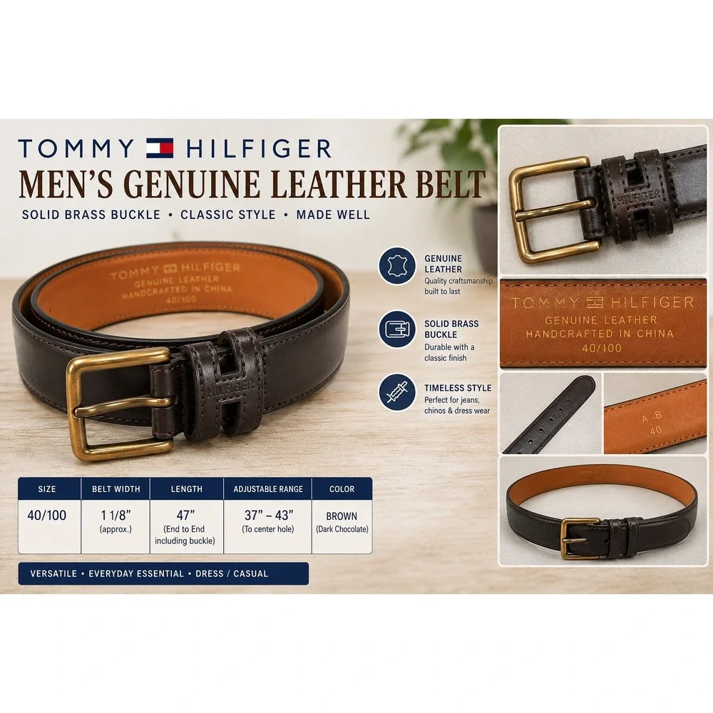Tommy Hilfiger Mens Brown Genuine Leather Belt Solid Brass Buckle Size 40/100